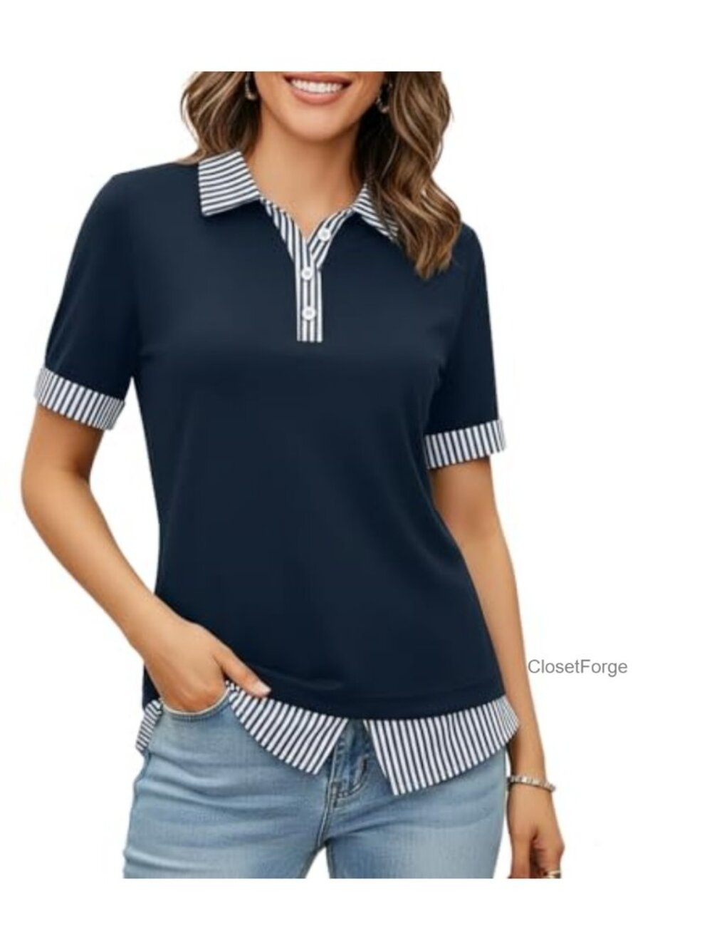Women's Striped Short Sleeve V-Neck Polo Blouse Casual Patchwork Work Top